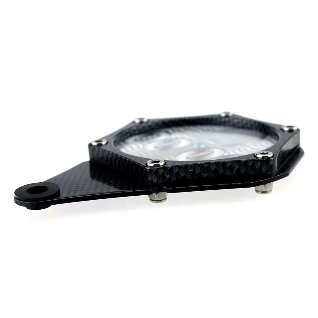 Black carbon fibre pattern motorcycle tax seal with six-corner screw measuring 100x7mm