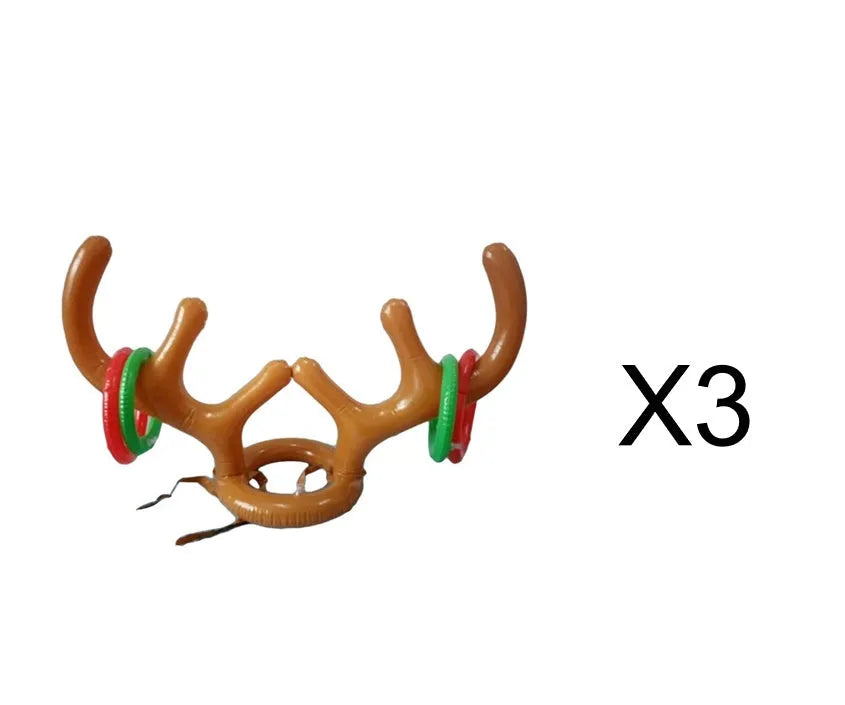 Inflatable reindeer antler hat ring toss game set with green and red rings on a blue background