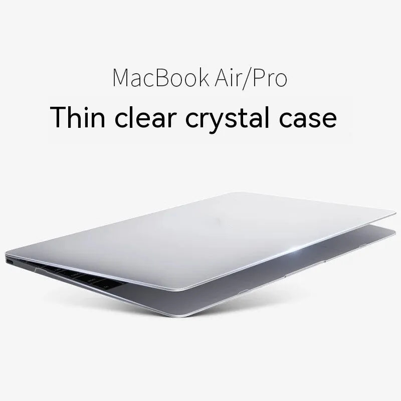 Transparent and frosted hard shell protective case fitted on a MacBook laptop.