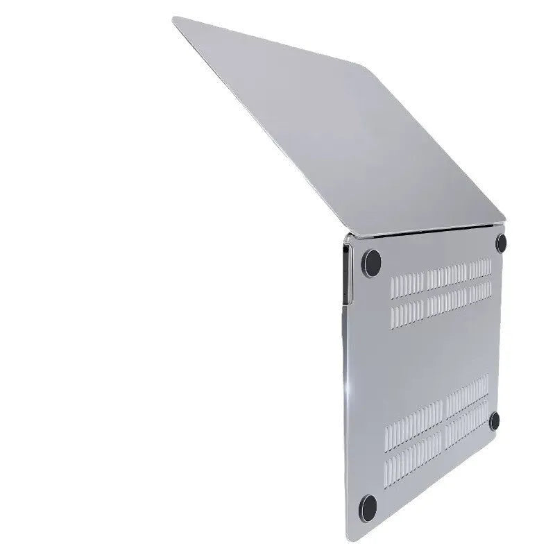 Transparent and frosted hard shell protective case fitted on a MacBook laptop.