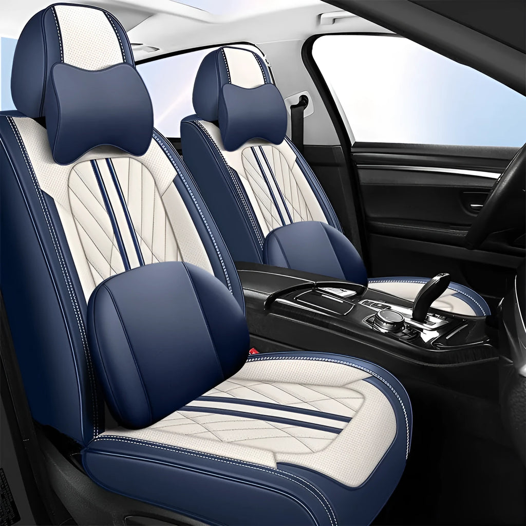 Set of five leather-look car seat cushions in a choice of sixteen colours including beige black and black red stripe.