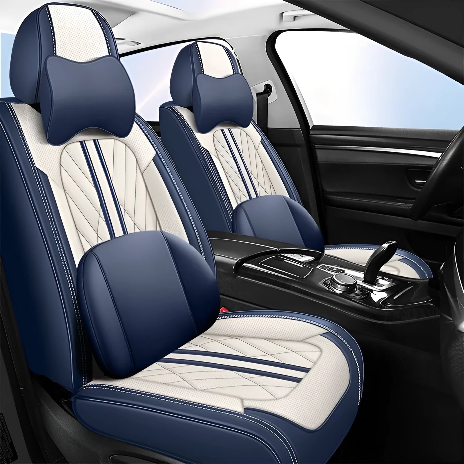 Set of five leather-look car seat cushions in a choice of sixteen colours including beige black and black red stripe.
