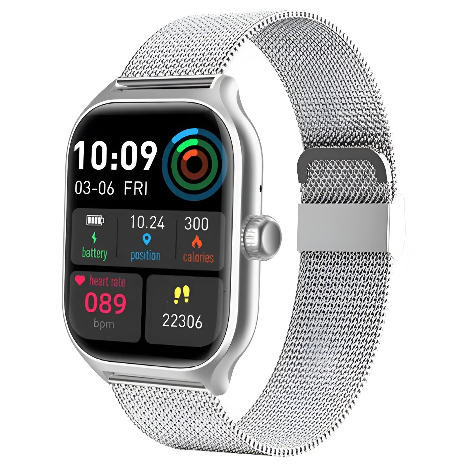 Bluetooth smart watch with full touch screen and silicone strap showing health monitoring functions