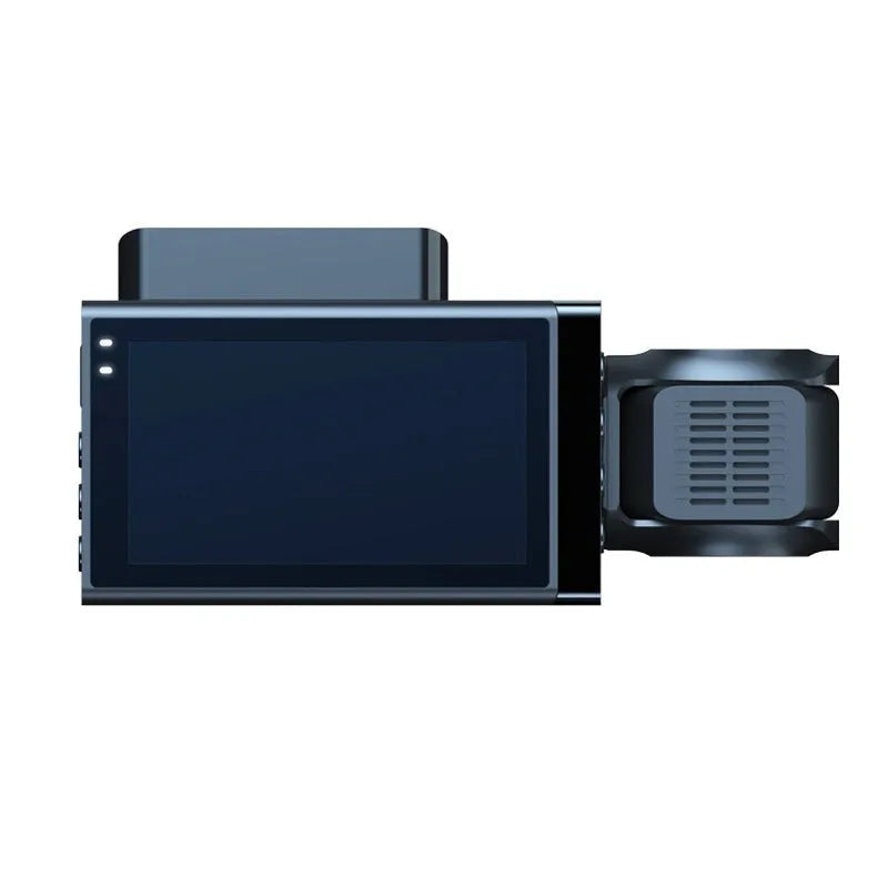 Black dashboard camera with 5-inch screen showing GPS and Wi-Fi interconnection for vehicle security recording