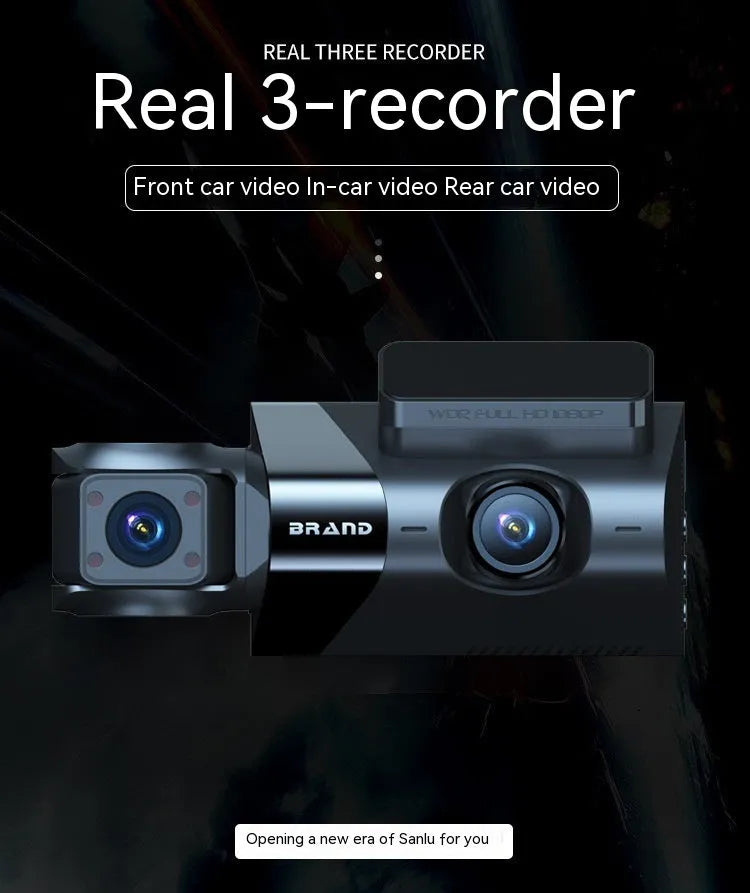 Black dashboard camera with 5-inch screen showing GPS and Wi-Fi interconnection for vehicle security recording