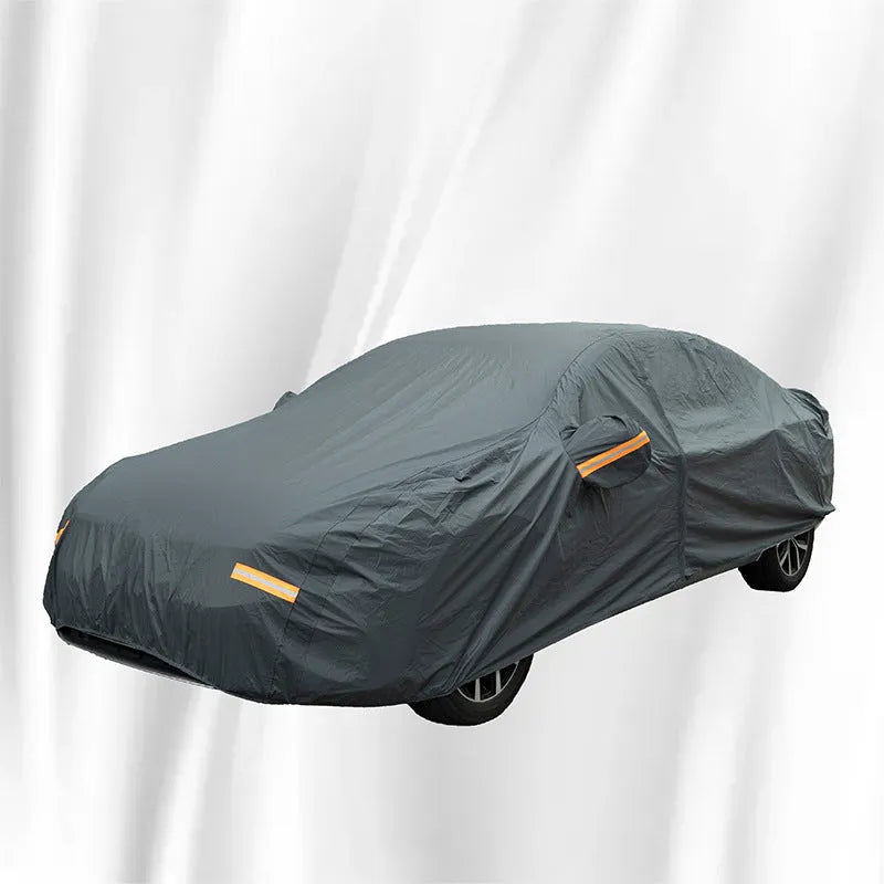 Grey PVC chemical fibre Volkswagen car cover shown in S, M, L, XL, and 2XL sizes for outdoor weather protection.