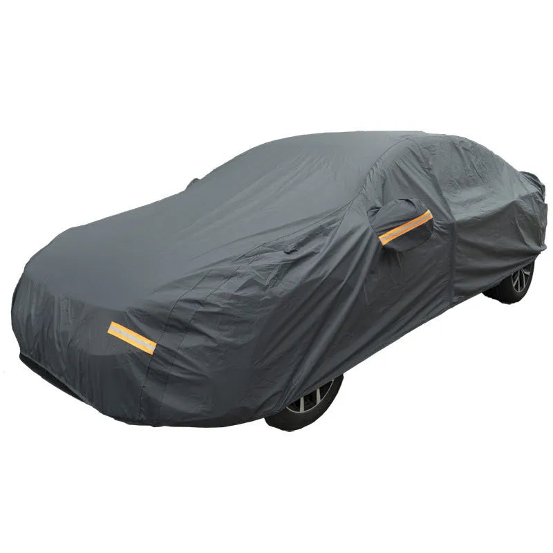 Grey PVC chemical fibre Volkswagen car cover shown in S, M, L, XL, and 2XL sizes for outdoor weather protection.