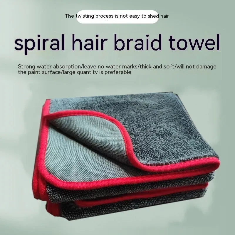 Grey automobile cleaning cloth with spiral hair surface and hemmed edges in multiple size options