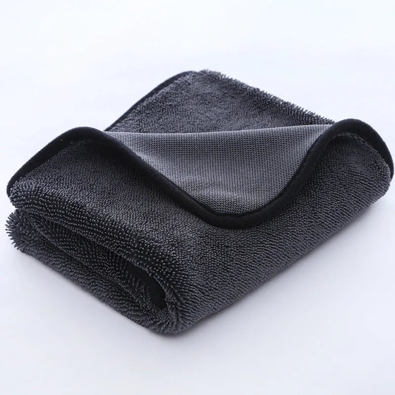 Grey automobile cleaning cloth with spiral hair surface and hemmed edges in multiple size options