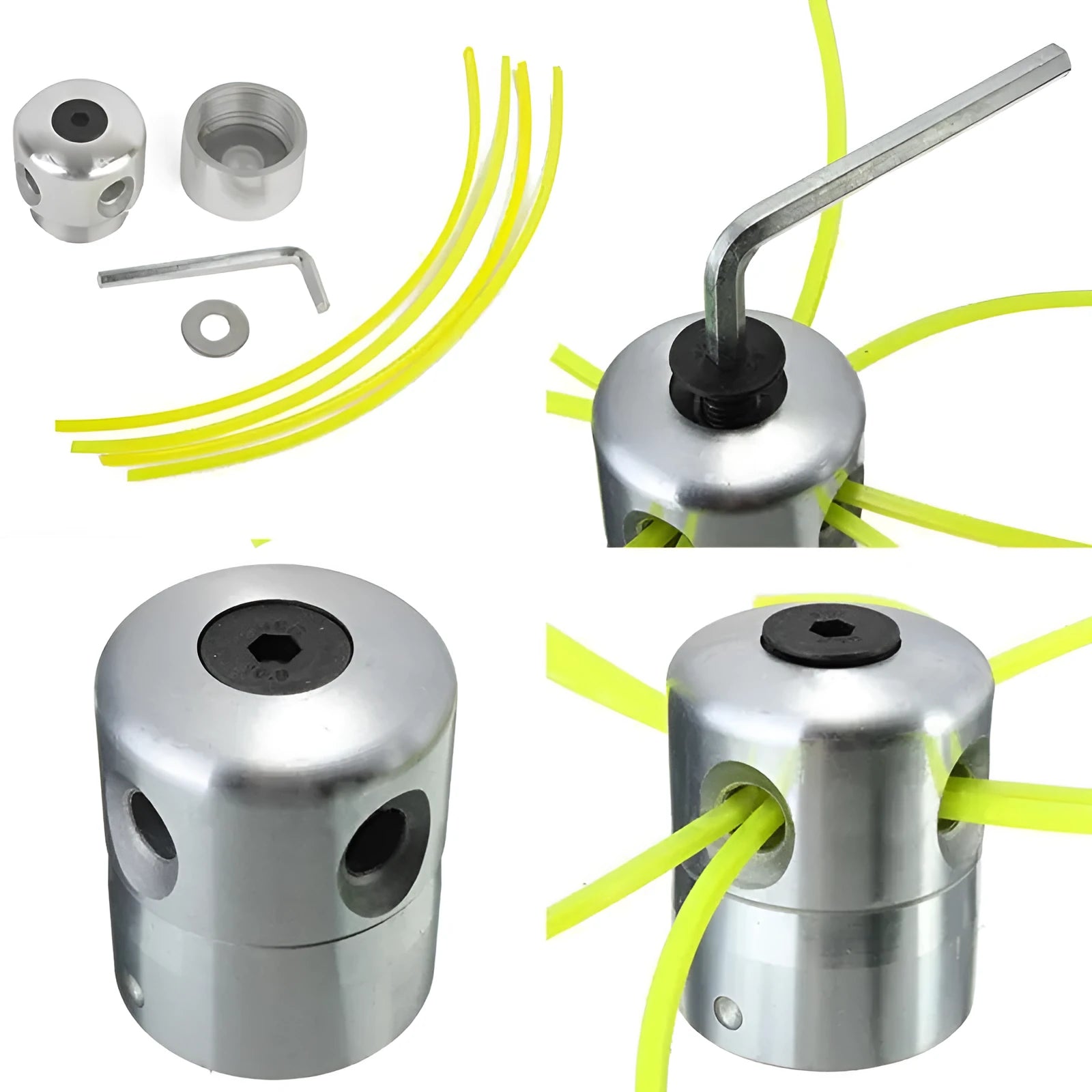 Silver aluminium lawn mower grass trimmer head with four light yellow nylon strings, wrench, and gasket.