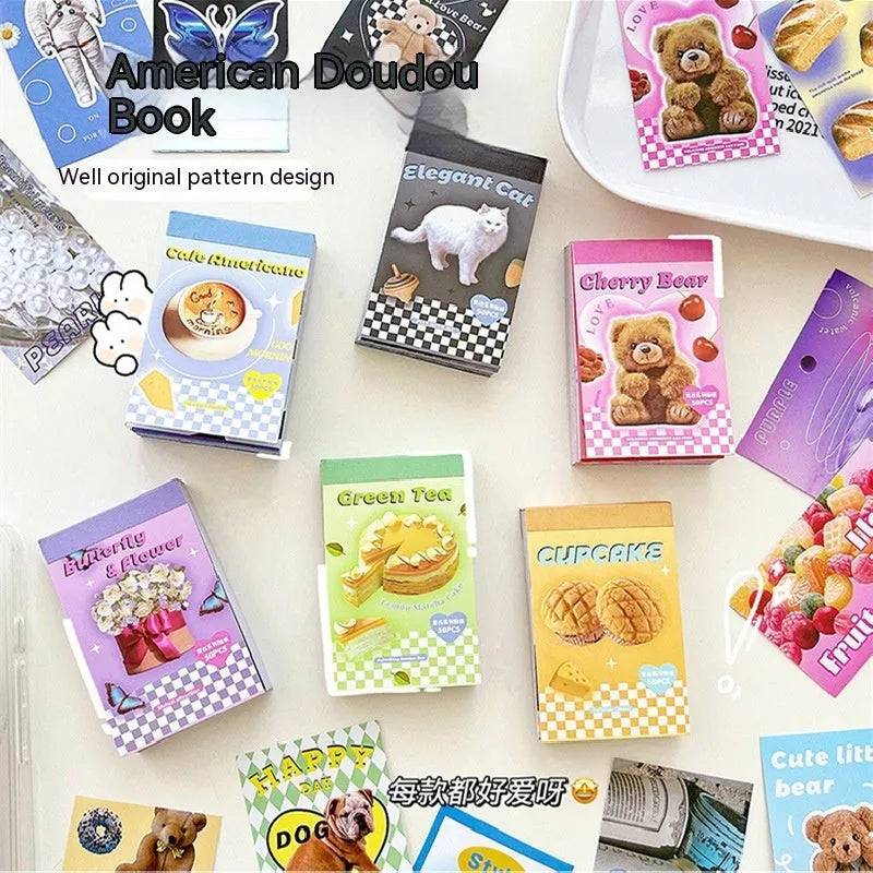 American retro cartoon sticker book with 50 sheets of 4x6cm copper board paper adhesive stickers