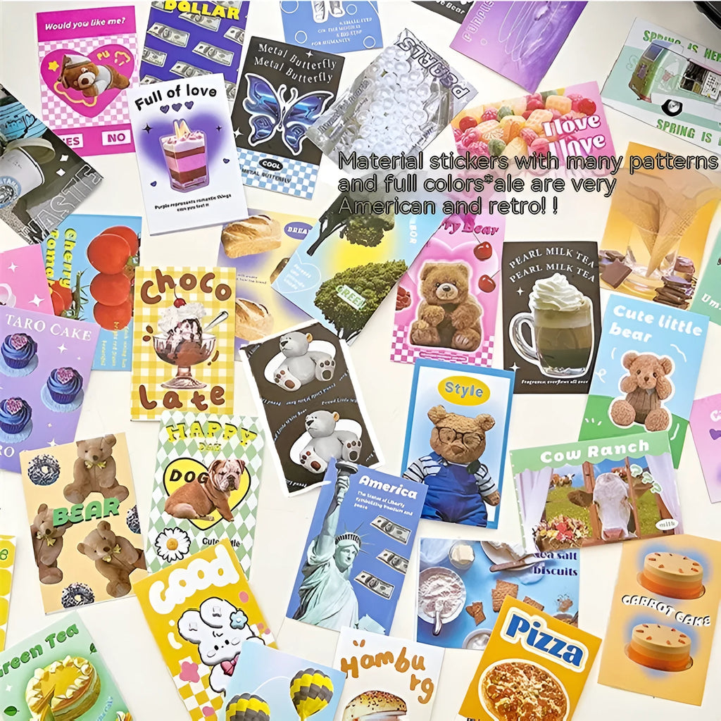 American retro cartoon sticker book with 50 sheets of 4x6cm copper board paper adhesive stickers