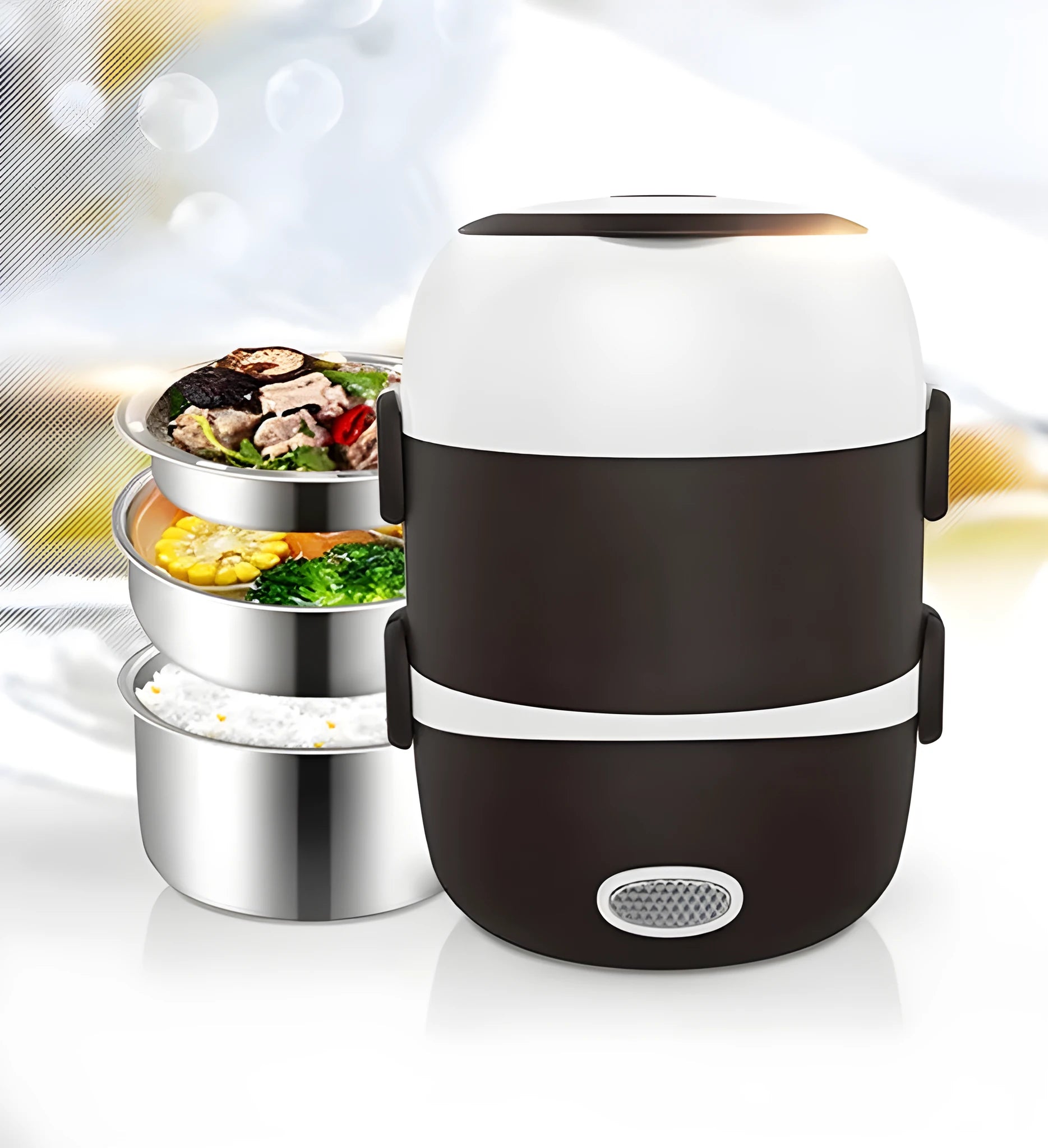 Black portable electric lunch box with USB cable, showing two-layer and three-layer capacity options.