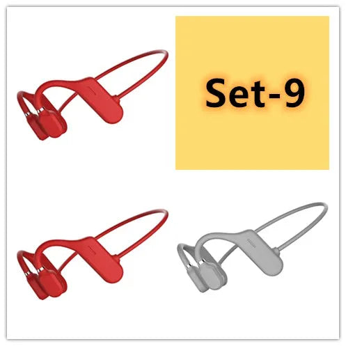 In-ear open-ear wireless sports headphones in black, grey, and red colours with ear-hook design for running