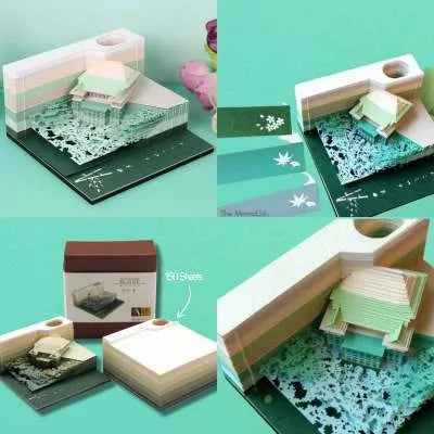 Anime architectural cartoon sticky note pad in 80mm by 45mm size on a desk