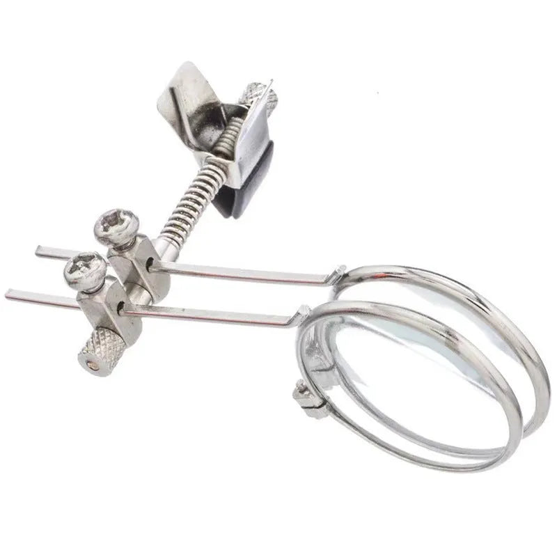 Metal bracket reading glasses double clip with glass lenses for attaching to spectacle frames.