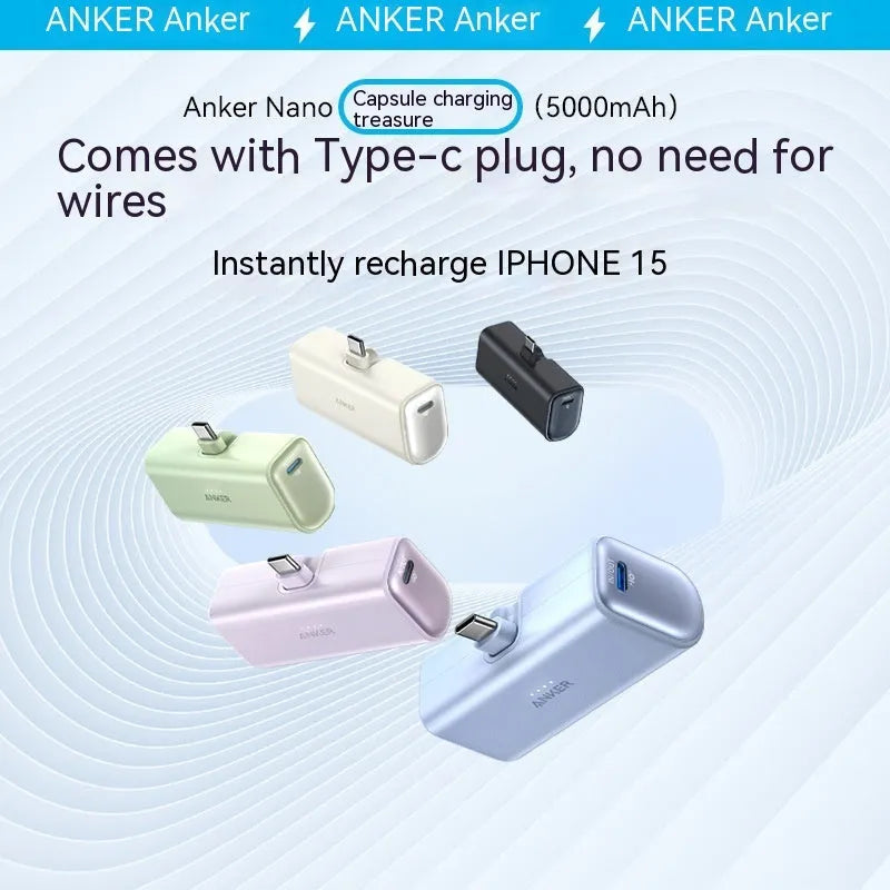 Compact capsule power bank with foldable USB-C head in black white green blue pink colours