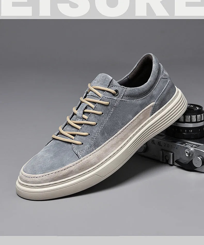 Men's grey pigskin leather skate shoes with rubber sole and lace-up closure