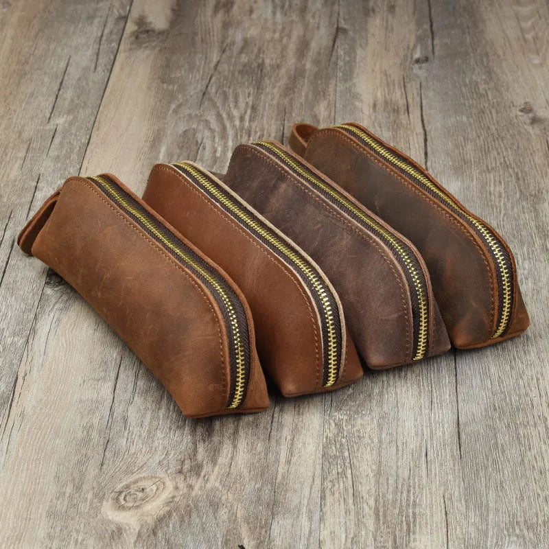 Handmade cowhide leather pencil case measuring 18cm long with zipper closure in black brown dark brown or yellow