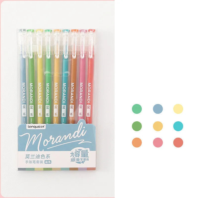 Set of nine cute Japanese colour gel pens with 0.5mm needle tips in retro packaging
