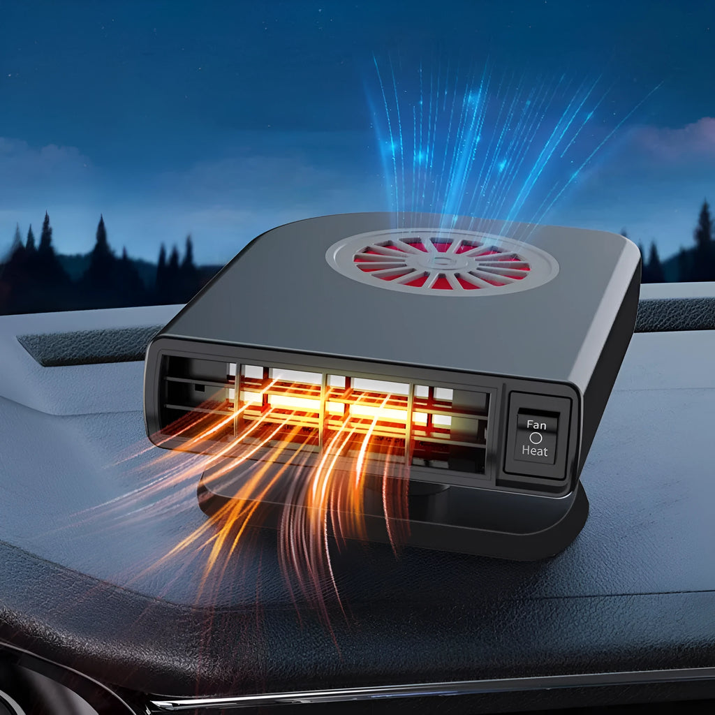 Black compact vehicle-mounted heater for car defrosting and defogging with 360-degree rotation