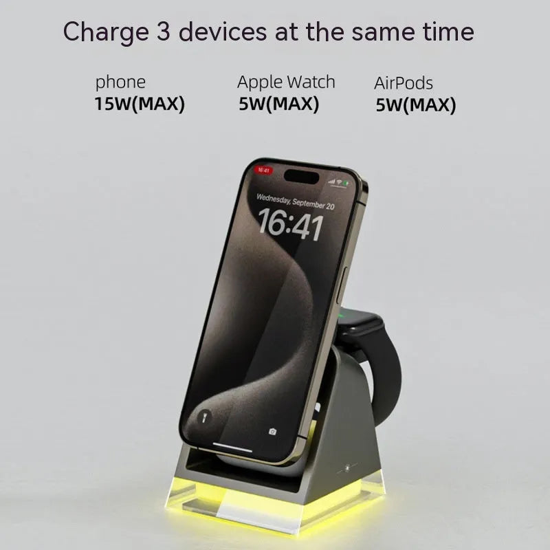 Three-in-one magnetic wireless charger with small night lamp in black, 118x104x78mm