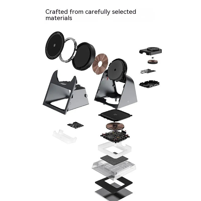 Three-in-one magnetic wireless charger with small night lamp in black, 118x104x78mm