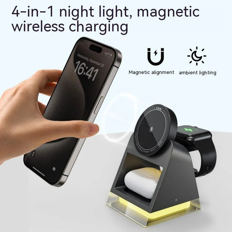 Three-in-one magnetic wireless charger with small night lamp in black, 118x104x78mm
