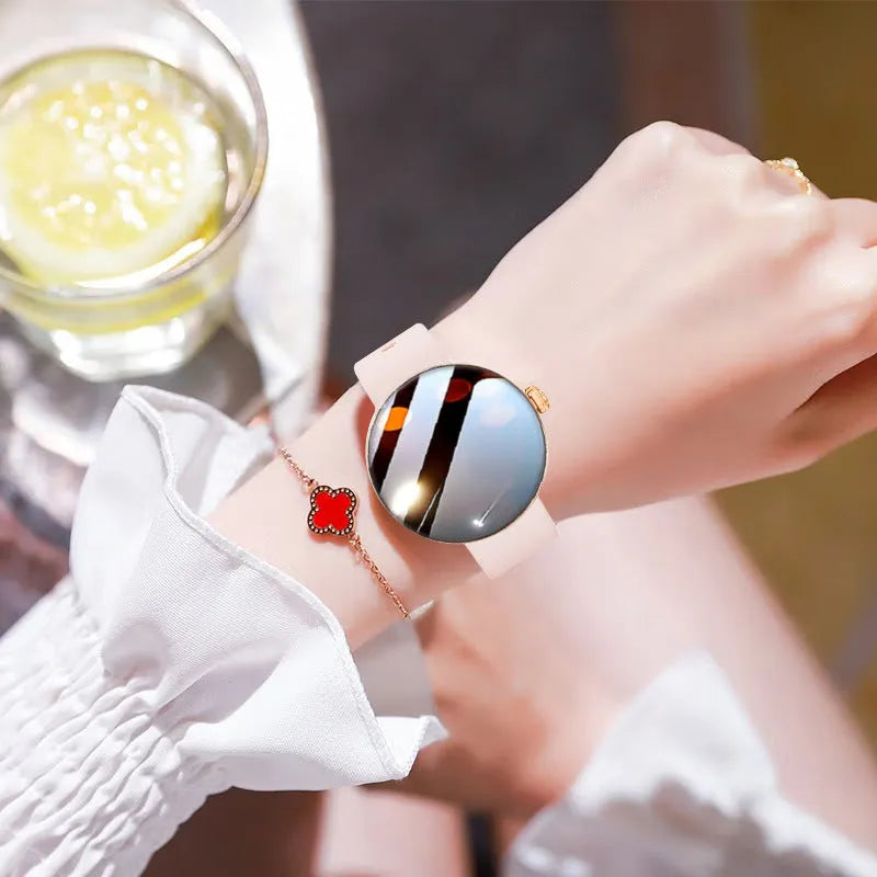 Smart watch for women with round colour screen and metal strap.