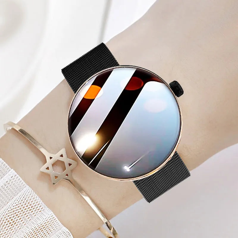 Smart watch for women with round colour screen and metal strap.