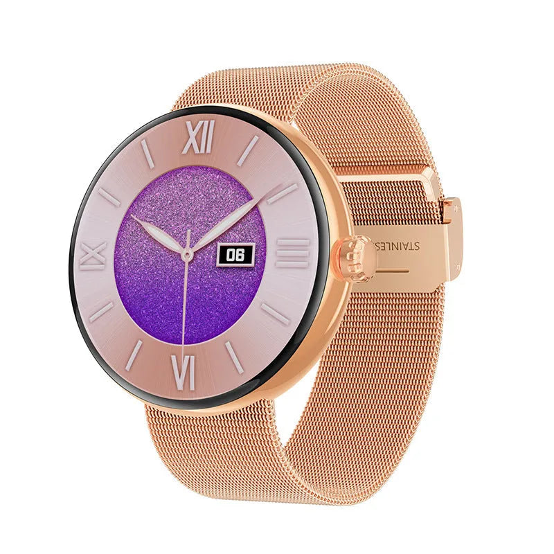 Smart watch for women with round colour screen and metal strap.