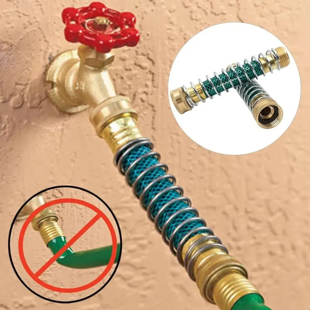 Brass garden hose spring connector with spiral mechanism for preventing kinks, 15cm length