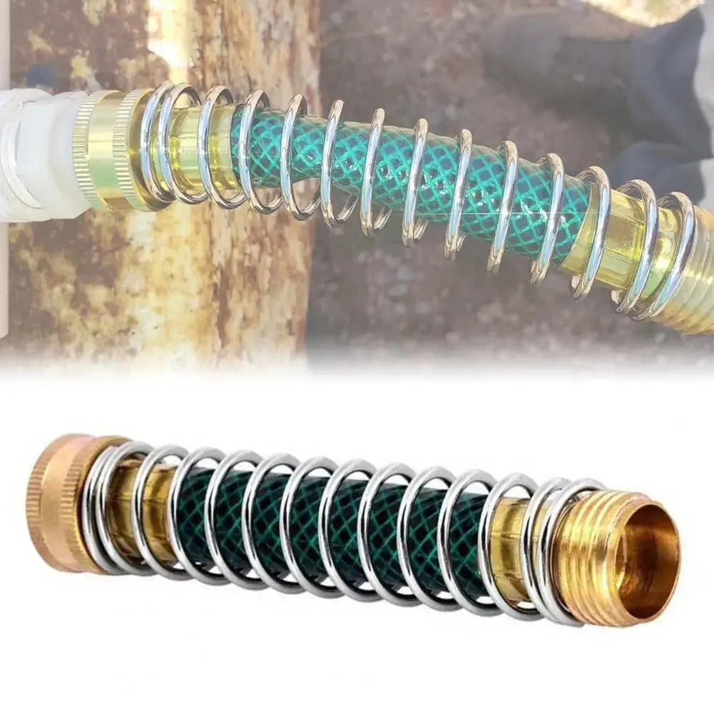 Brass garden hose spring connector with spiral mechanism for preventing kinks, 15cm length