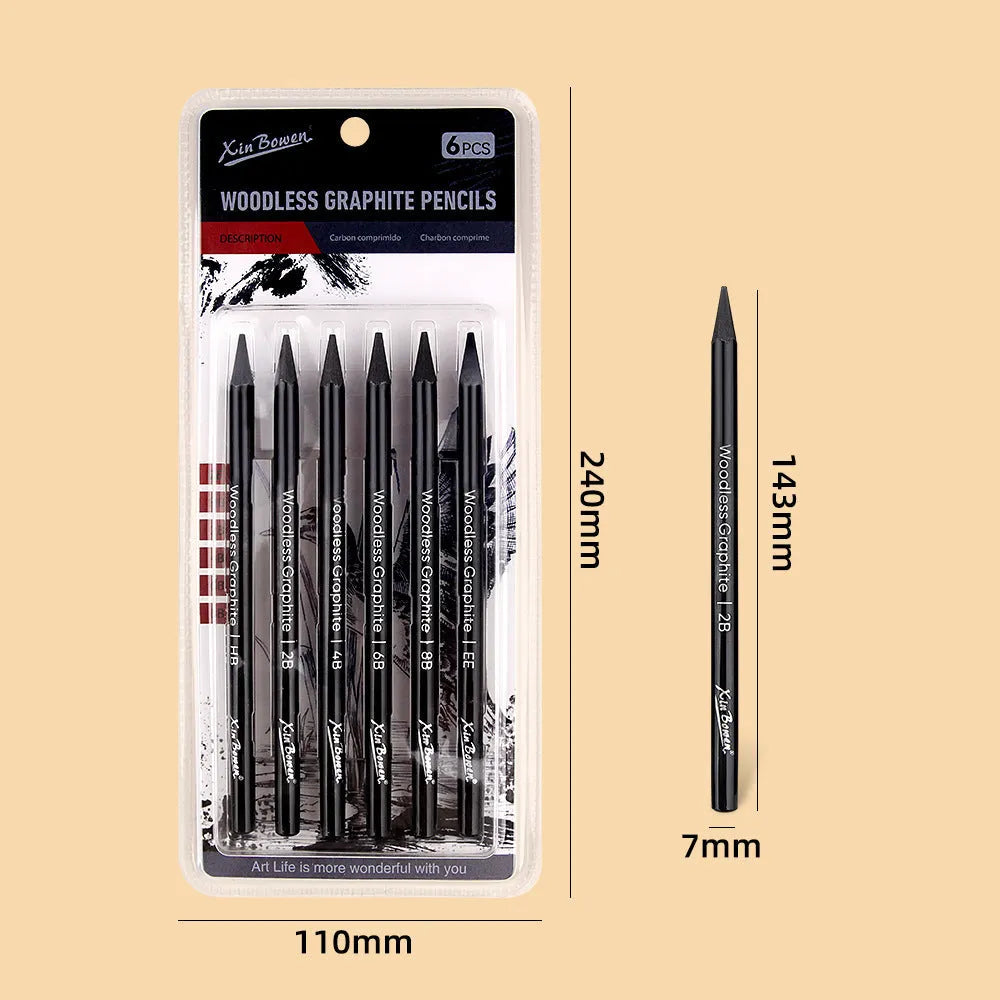 Wood-free graphite sketching pencils set with six grades HB 2B 4B 6B 8B EE for art drawing