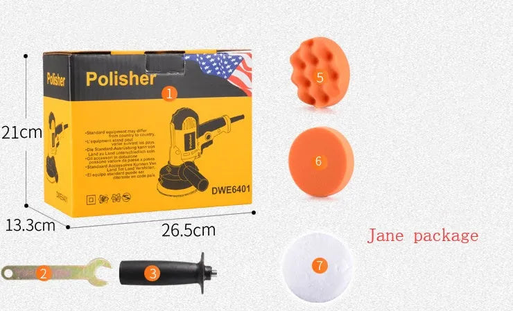 Yellow automotive polishing machine with 125mm disc on 220V power supply for car and multi-surface polishing