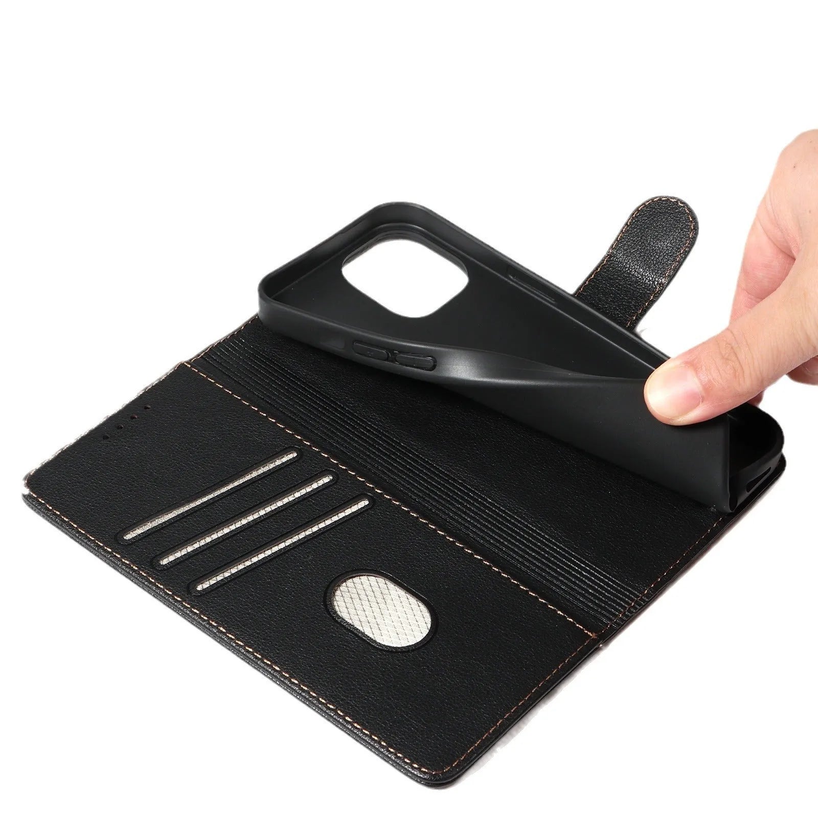 Samsung flip phone case in black with anti-theft swiping card holder and magnetic closure