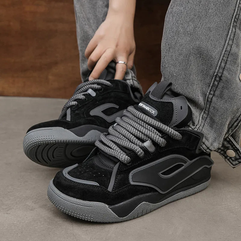 Niche couple heightened sneakers in black with low heel and front lace-up design