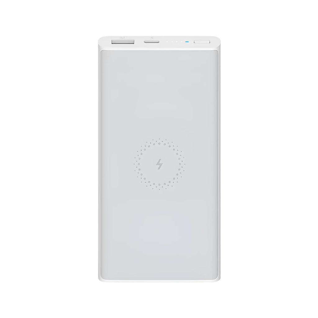 Black or white plastic 10000mAh power bank with wireless charging and USB Type-C port.