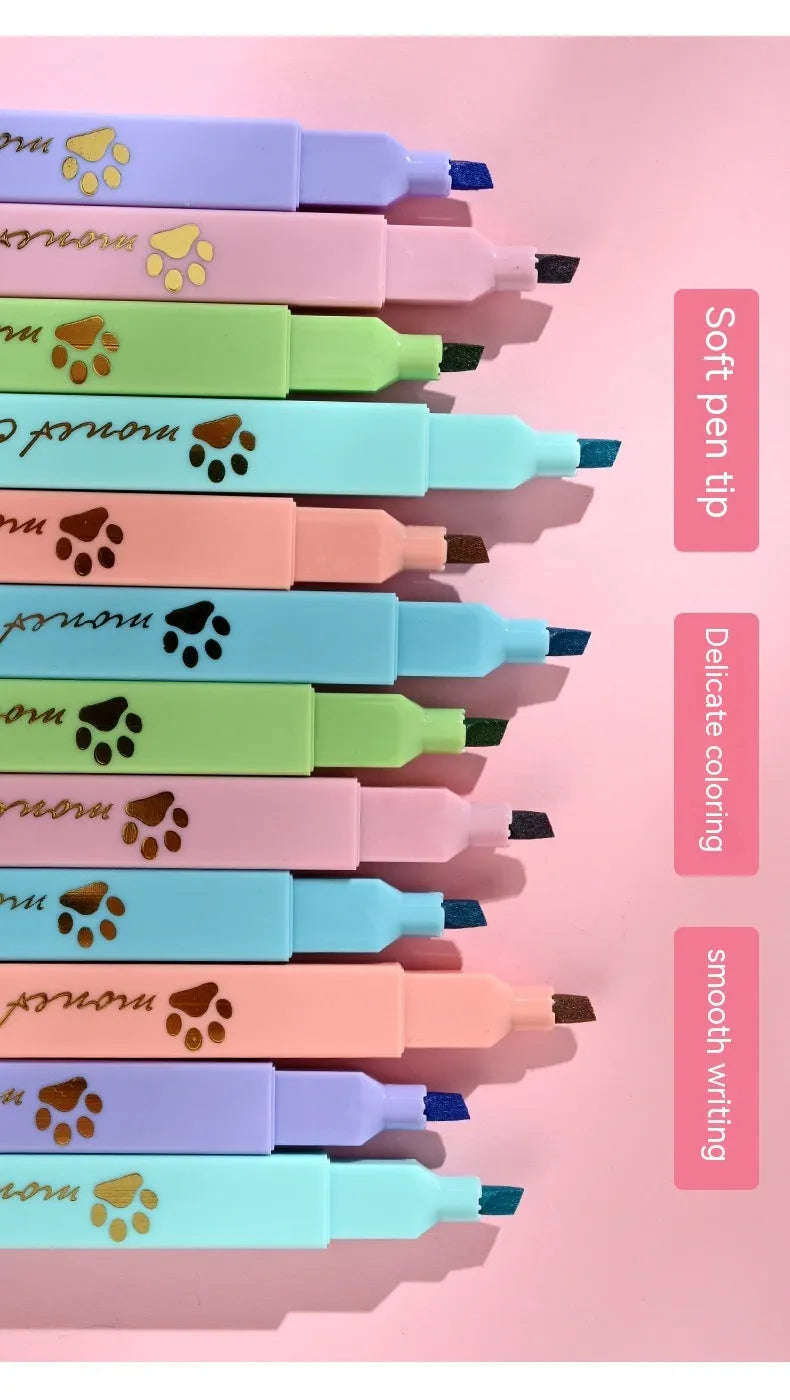Box of six fluorescent marking pens with plastic shells and oblique nibs in assorted colours.