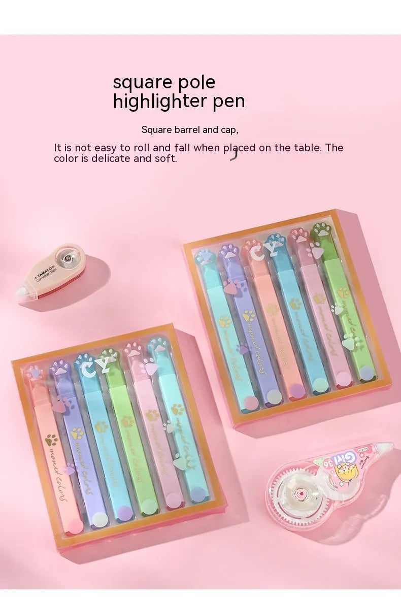 Box of six fluorescent marking pens with plastic shells and oblique nibs in assorted colours.