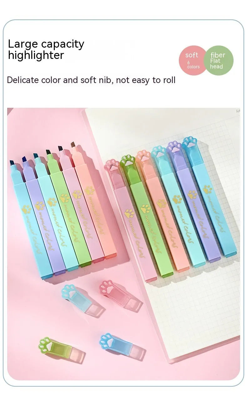 Box of six fluorescent marking pens with plastic shells and oblique nibs in assorted colours.