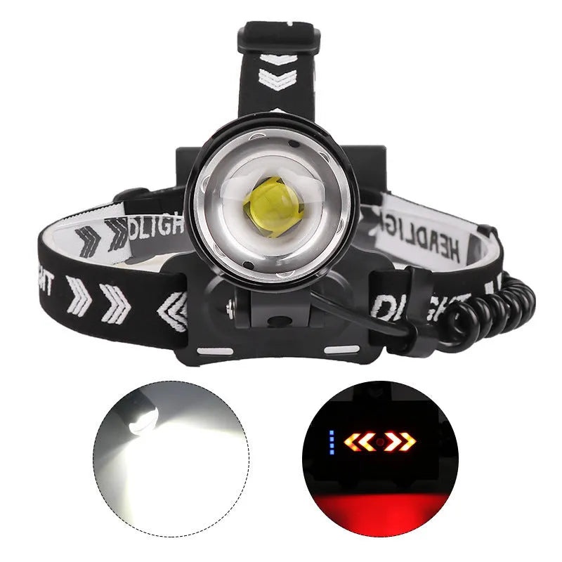 Black aluminium alloy USB rechargeable headlight with telescopic zoom front and power display.