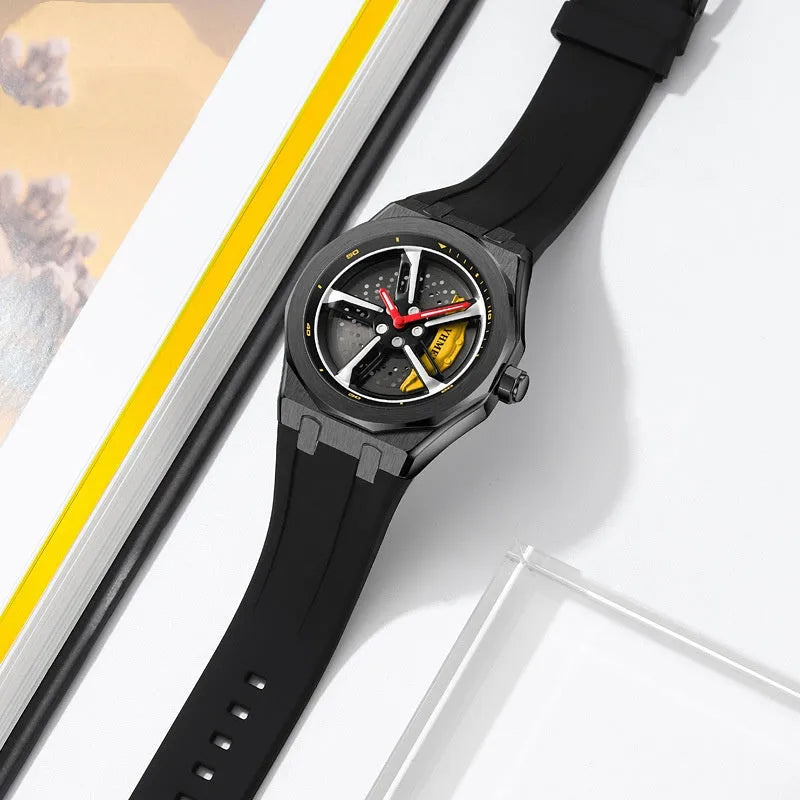 Fashion Trend men's hollow quartz watch with green silicone strap and 41.7mm dial