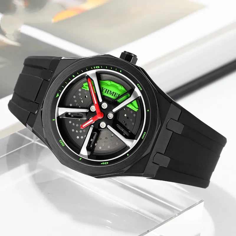 Fashion Trend men's hollow quartz watch with green silicone strap and 41.7mm dial