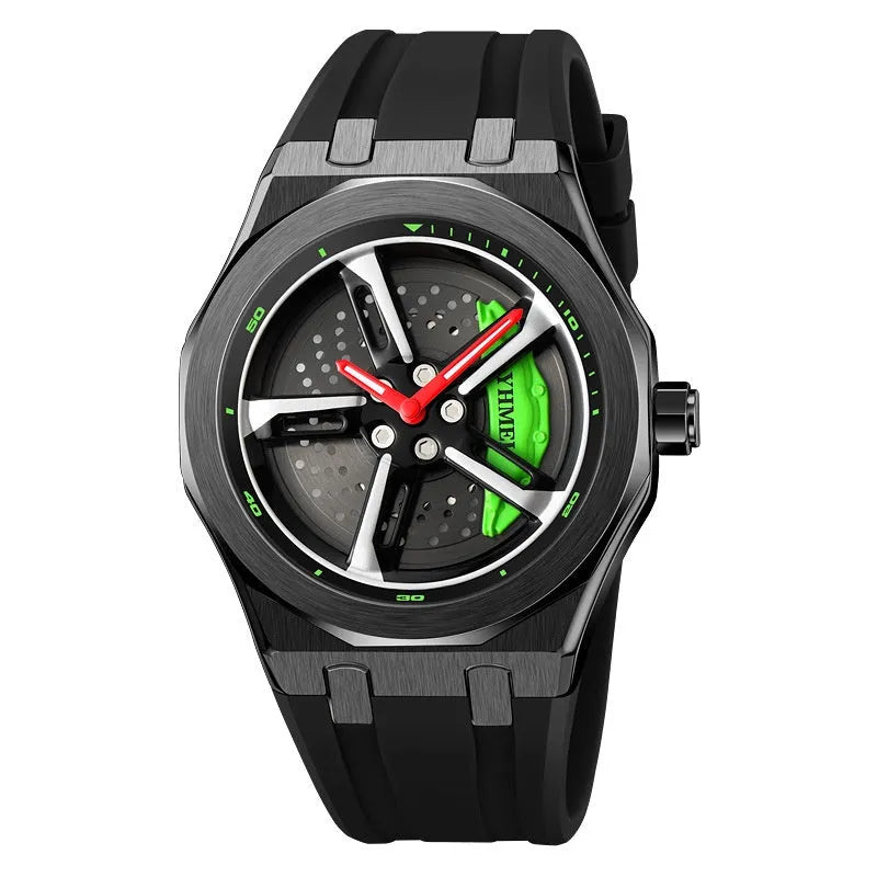 Fashion Trend men's hollow quartz watch with green silicone strap and 41.7mm dial