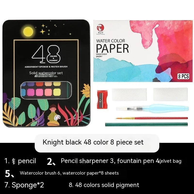 Solid watercolour paint set with 48 colours in metal storage boxes including Black Knight, Girl Pink and Sunshine Blue variations