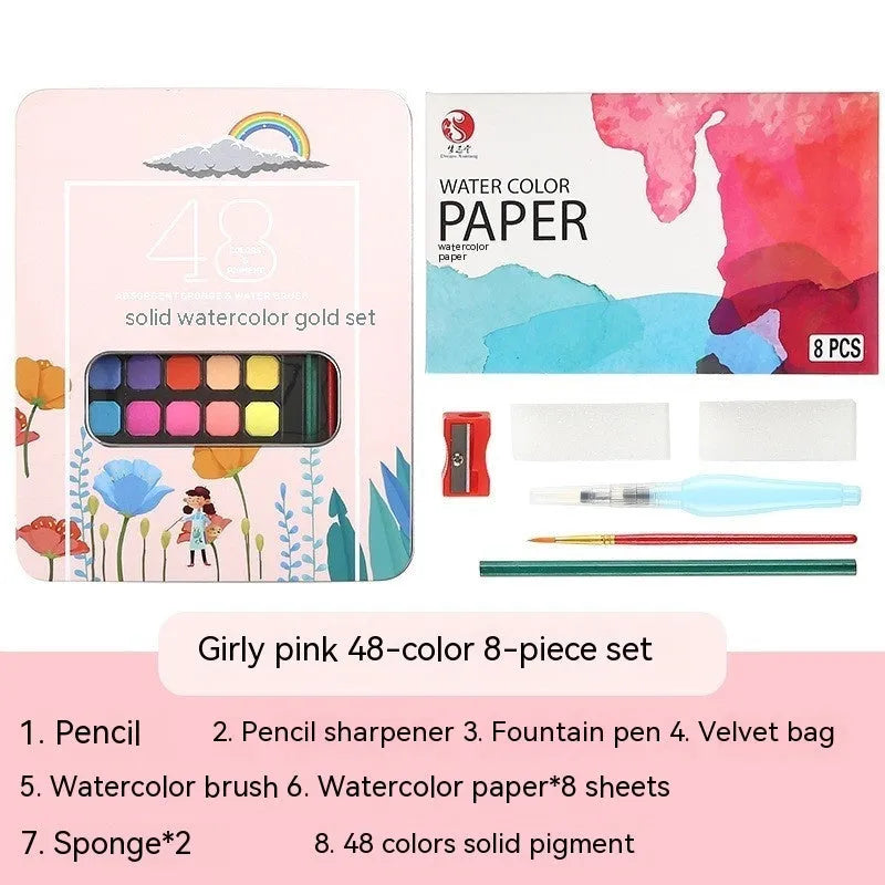 Solid watercolour paint set with 48 colours in metal storage boxes including Black Knight, Girl Pink and Sunshine Blue variations