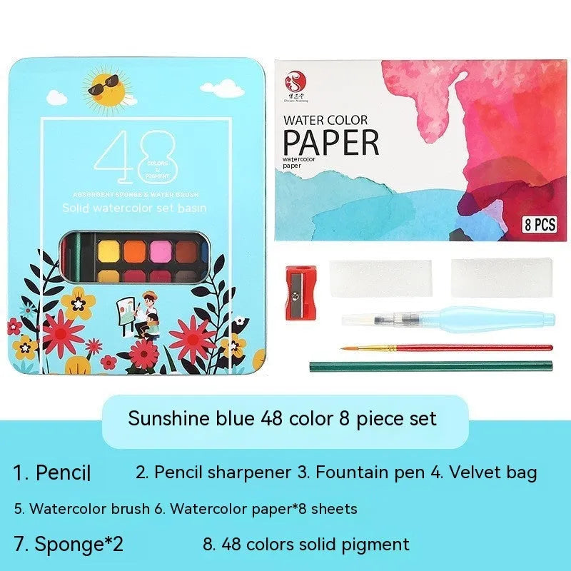 Solid watercolour paint set with 48 colours in metal storage boxes including Black Knight, Girl Pink and Sunshine Blue variations