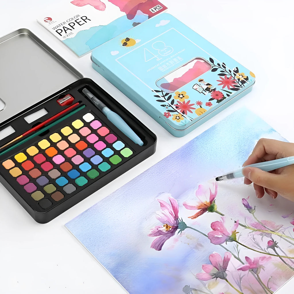 Solid watercolour paint set with 48 colours in metal storage boxes including Black Knight, Girl Pink and Sunshine Blue variations