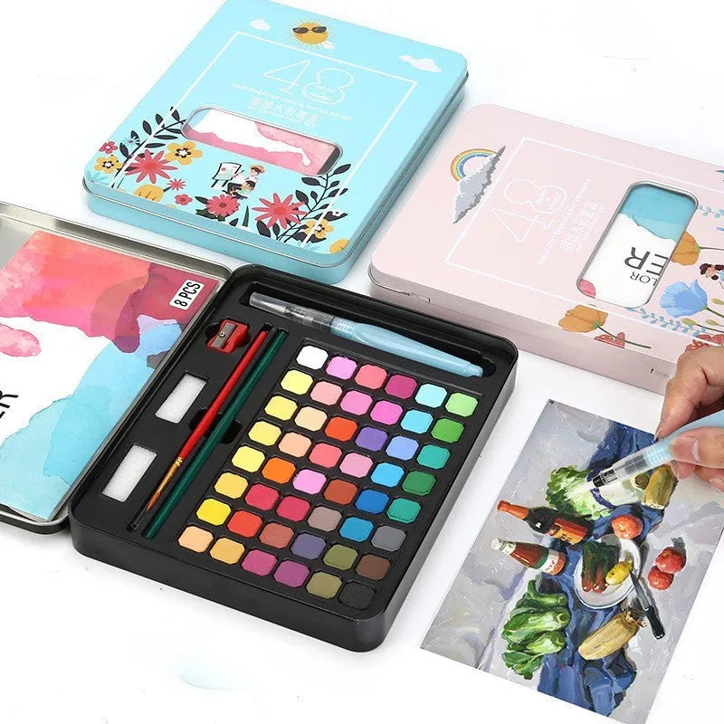 Solid watercolour paint set with 48 colours in metal storage boxes including Black Knight, Girl Pink and Sunshine Blue variations